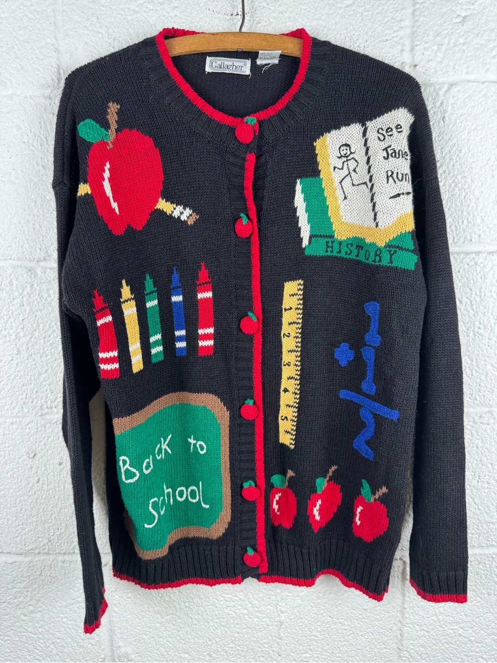 Vintage Gallagher Teacher Cardigan Sweater Medium Back to School Apples Crayons